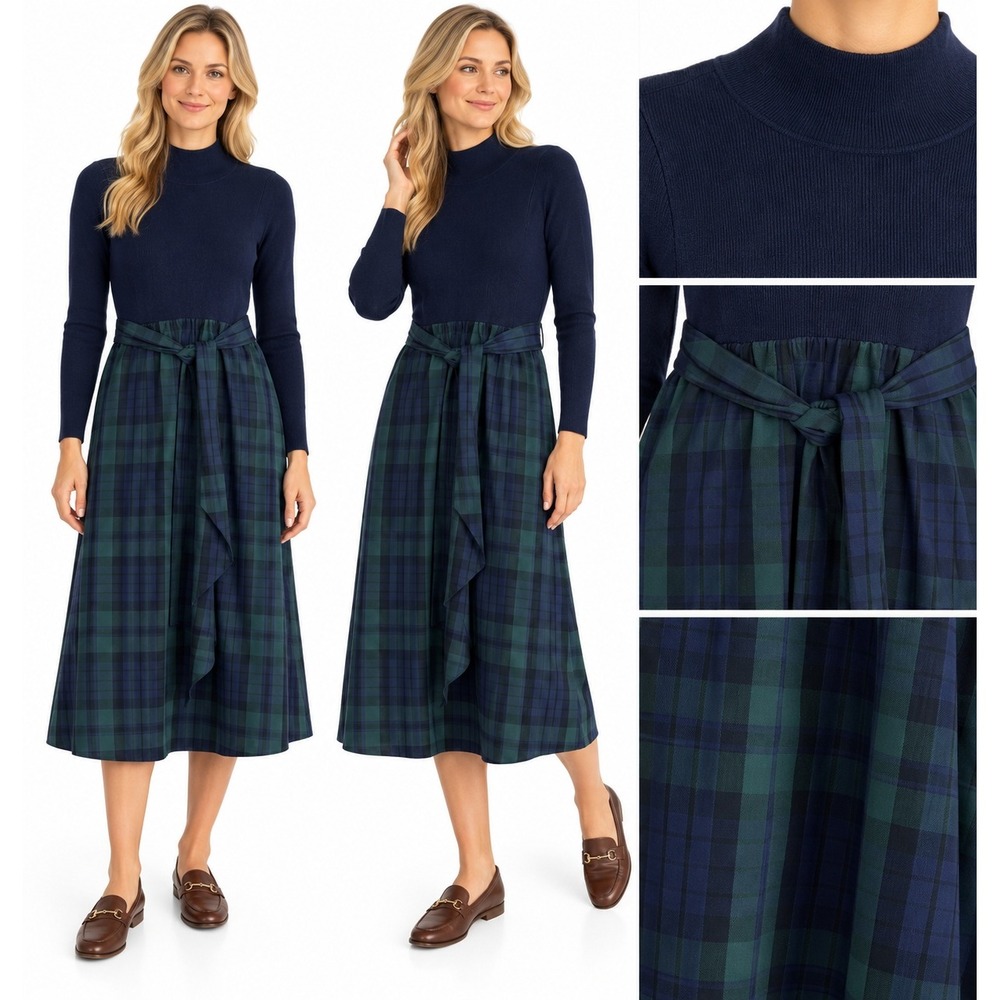 Free Assembly Dress XS Turtleneck Mixy Plaid Midi Belted Dark Academia Preppy